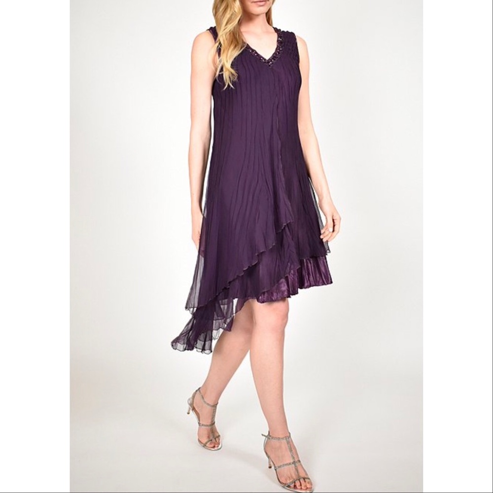 NEW Komarov Beaded V-Neck Chiffon Overlay Dress, Purple, Petite Large